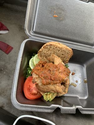 Crab cake w/ alkaline sauce   at Vegan Time Cafe in Stone Mountain