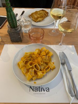 Carrot, ginger and black bean powder past and a veg lasagna  at Nativa in Rome