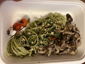 Straccetti di Funghi Pleurotus, Peperoncino Fresco e Pomodorini Confit & 
Linguine con Pesto di Cavolo Nero, Tartufo e Nocciole Tostate  at Nativa in Rome