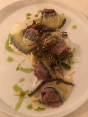 Tortellini filled with artichoke on a cashew cheese   at Nativa in Rome