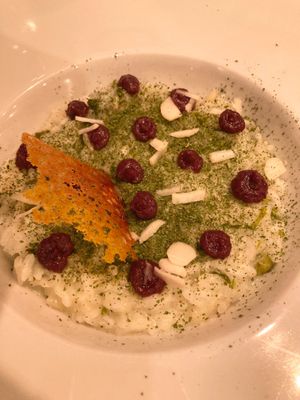 Risotto Rosa Marchetti with cip greens, spicy onion gel, macadamia nut flakes 
 at Nativa in Rome
