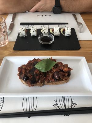 Sushi and bruschetta (with kind of caponata)  at Nativa in Rome