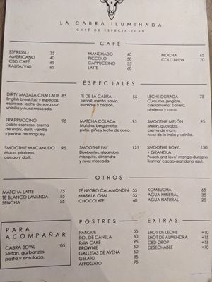 Menu, all vegan cafe at La Cabra Iluminada in San Miguel De Allende