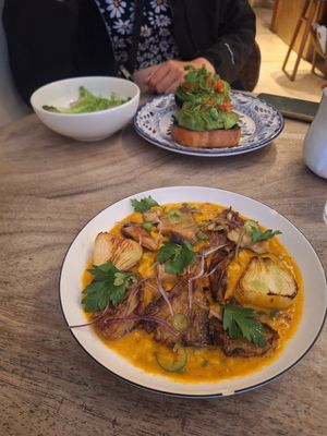 Rice with fried oystermushrooms, veggies and sauce at La Cabra Iluminada in San Miguel De Allende