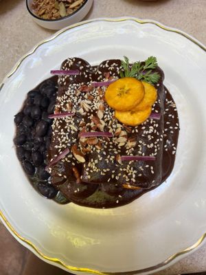 Plantain enchiladas with mole at La Cabra Iluminada in San Miguel De Allende