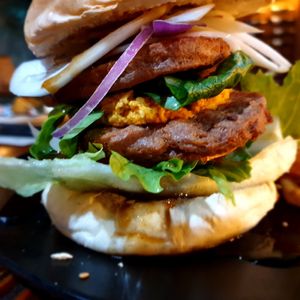 bulgogi burger had 2 patties and what tasted like tofu...but could have been vegan eggs.  too sweet to know at Nokum Space - 공간 녹음  in Seoul