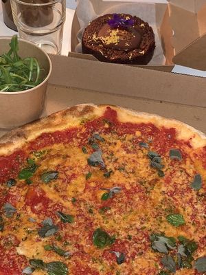 The classic Margherita and their chocolate pie at Vegan Pizza Bar in Rotterdam