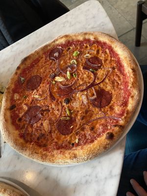 Pizza with pepperoni: quite good with smoky flavour at Vegan Pizza Bar in Rotterdam