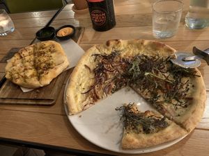 focaccia and carbonara pizza  at Vegan Pizza Bar in Rotterdam