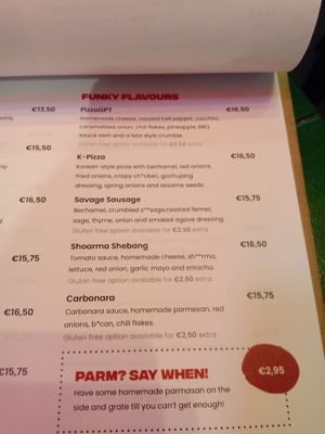 Pizza menu (funky flavours) at Vegan Pizza Bar in Rotterdam
