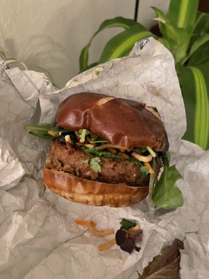 Burger from Vegan takeout at The Vegan Market in Orlando