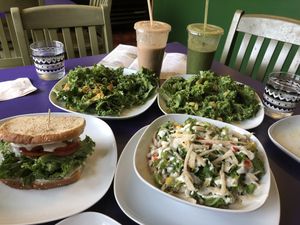 Blt, mango jicama rice bowl, creamy ranch salad, creamy avocado salad, pb milkshake, shamrock shake at Raw Can Roll Cafe in Wayne