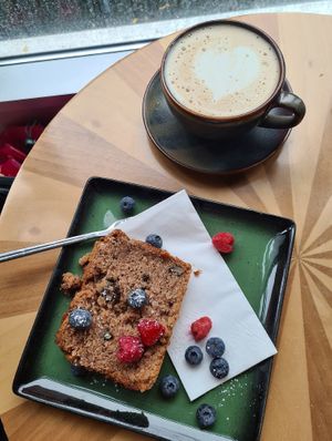 Walnut cake + Chai latte with soy milk at Notting Hill Café in Munich
