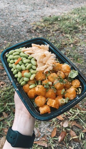 rice plate w fried tofu edamame and pickled ginger at Poke Hana in Orlando