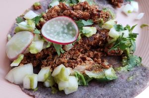 Taco "veggie chorizo" - close-up of filling at High House in Seoul