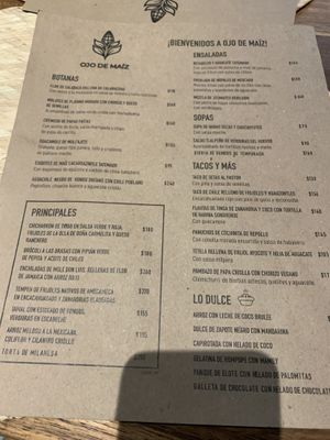 Menu at Ojo de Maíz in Mexico City