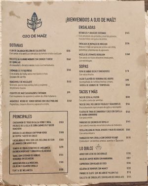 Menu at Ojo de Maíz in Mexico City