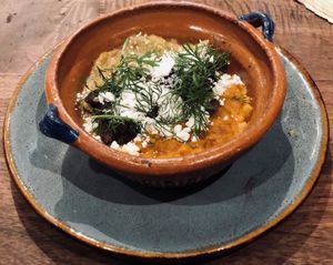 Chicharrón de trigo en salsa verde y roja at Ojo de Maíz in Mexico City
