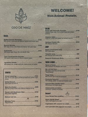 Menu as of May 29, 2022  at Ojo de Maíz in Mexico City