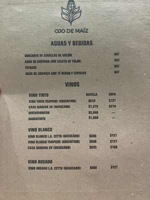 Menu as of May 29, 2022  at Ojo de Maíz in Mexico City