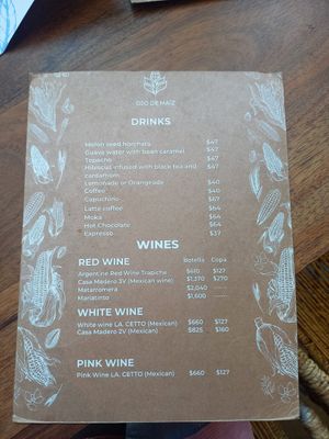 Menu for drinks at Ojo de Maíz in Mexico City