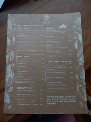 Menu for food at Ojo de Maíz in Mexico City
