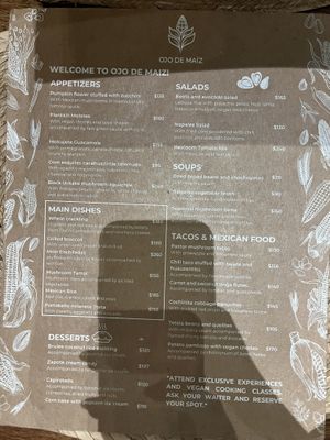 english menu  at Ojo de Maíz in Mexico City