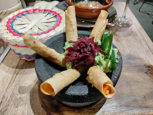 Carrot flautas served with guacamole at Ojo de Maíz in Mexico City
