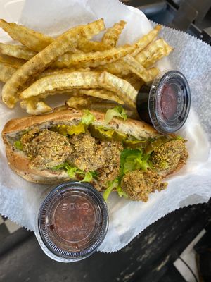 Oyyster PO’BOY made from Joes Oat Patties! at Burgers and Booch in Orlando