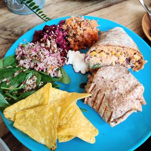 The afro queen burrito, with 🍍 at The V Hub in Swansea