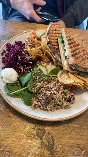 The New York Reuben sandwich - seitan, cheeze, amazing sauce… gorgeous a side salad    at The V Hub in Swansea