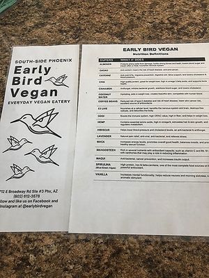 Vegan terminology at Early Bird Vegan in Tempe