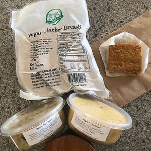 Grocery has refrigerated salads and faux chicken breasts. Bakery item carrot/turmeric  at Early Bird Vegan in Tempe