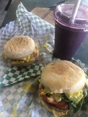 Fakin Egg and Cheese and the Dr J plus Lavender smoothie YUM at Early Bird Vegan in Tempe