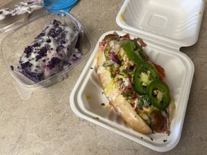 Sonoran dog and the most amazing coconut lavender drizzle cake!   at Early Bird Vegan in Tempe