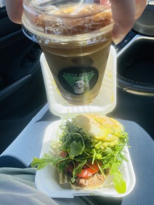 Iced Coffee and the top Breakfast Sandwich  at Early Bird Vegan in Tempe
