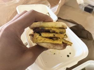 Simple and sexy all in my mouth. Sausage Egg and cheese on a toasted English muffin! THE BEST!  at Early Bird Vegan in Tempe