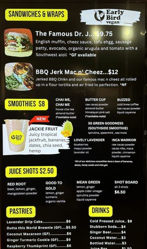 Feb 2024 menu  at Early Bird Vegan in Tempe