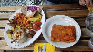 Vegan aperitif mix (€20 for two people) and soy lasagna at La Schiscetteria in Milan