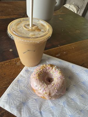 Seasonal donut + oat milk latte   at Flour Craft Bakery in Mill Valley