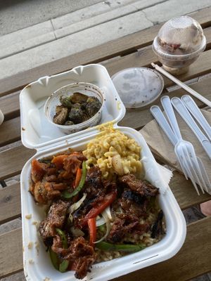 Brussels sprouts, Mac and “ cheese”, candied yams, rice and peppers and onions and this “rib” meat was amazing.  Wish  it had more “meat” and less rice.   at C4Eats in Hollywood