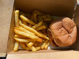 Detonator chicken sandwich with fries at C4Eats in Hollywood