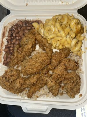 Fried oyster mushrooms, Mac n cheese, rice and black eyed peas.  at C4Eats in Hollywood