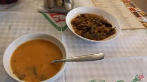 Bean stew, grilled mixed vegetables and bread. at Te Becqua in Sarande