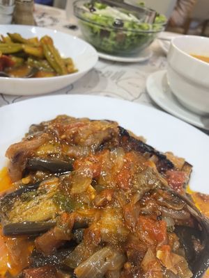 Stuffed eggplant, Okra stew, Bean soup, Green salad  at Te Becqua in Sarande