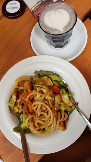 Vegan udon & black sesame latte at Coffee Why Not in Berlin