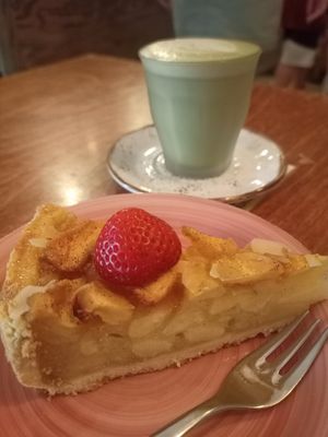 Apple cake and matcha latte at Coffee Why Not in Berlin