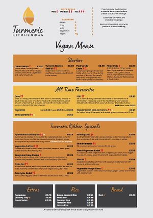 Exclusive Vegan Menu  at Turmeric Kitchen 65 in Taunton
