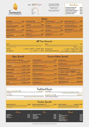 Our in Dining and Takeaway menu  at Turmeric Kitchen 65 in Taunton