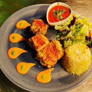 Tandoori salmon -Health balance platter at Turmeric Kitchen 65 in Taunton